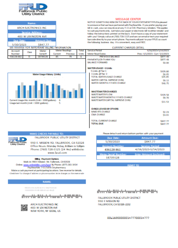 Fallbrook Public Utility District utility business bill, SCR PSD template